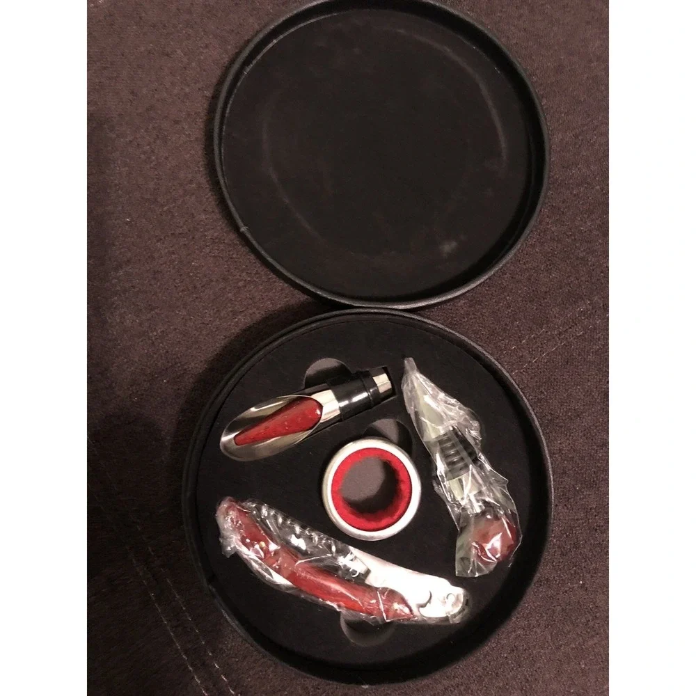 Wine Opener Kit 4 Pcs‎ Set In Leather Round Case New Bar Tools